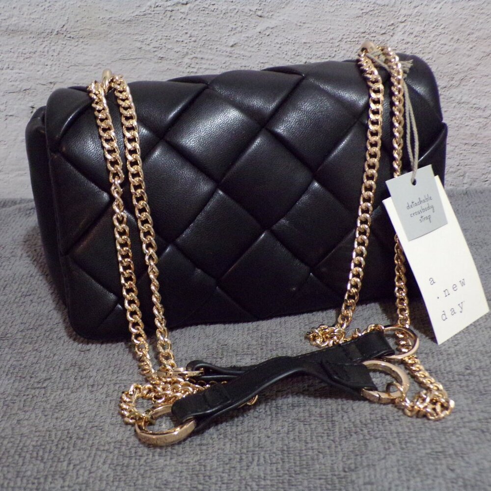 A New Day Black Quilted Crossbody w/Gold Chain Strap Soft Faux Leather NWT